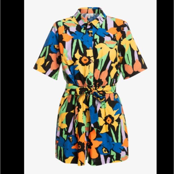 Roxy Short Sleeve Belted Jumpsuit Bold Floral Print Artsy Retro Style | Size XS - Picture 2 of 10